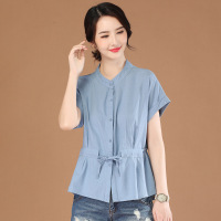 Brookings法式立领短袖衬衣2023夏季新款收腰显瘦女士衬衫设计感
