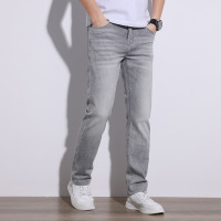 Ceba时尚百搭青年男装灰色牛仔裤商务休闲简约磨白男装修身直筒