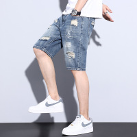 Ceba破洞印花港版牛仔裤高腰收腹简约舒适宽松短裤五分裤男装薄