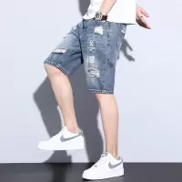 Ceba破洞印花港版牛仔裤高腰收腹简约舒适宽松短裤五分裤男装薄