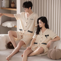 DBMG夏季情侣睡衣女冰丝开衫短袖短裤仿真丝卡通宽松休闲家居服