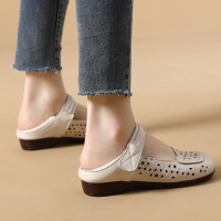 Brookings豆沙卡其色镂空踩脚两穿单鞋圆头魔术贴浅口平底大码妈