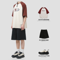 Jusen Shayu日系男装 美式印花T恤男华夫格短裤套装休闲五分裤短