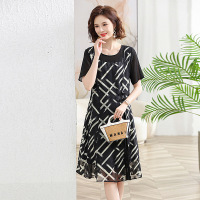 2023年夏季新款连衣裙中年夏时尚印花雪纺过膝长裙妈妈装短袖裙