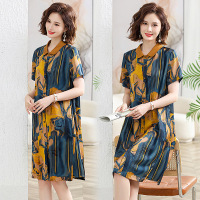 气质女装大码妈妈装新款连衣裙时尚宽松中年女装印花长裙中老年