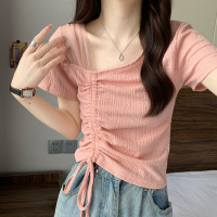 Three Sons正肩短袖t恤女设计感夏别致小人INS潮小衫网纱抽绳短