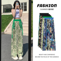 Three Sons绿凤尾印花阔腿裤女夏季薄款垂坠感宽松显瘦拖地休闲