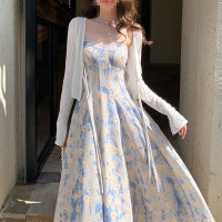 DBMG法式蓝色油画长裙沙滩裙碎花吊带连衣裙女夏仙气质感感