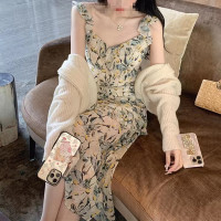 DBMG吊带裙 雪纺印花连衣裙夏中长款淑女修身无袖植物花裙女