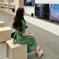 DBMG2023年夏季新款女绿色长裙法式方领古着裙连衣裙子早秋装