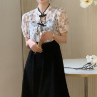 DBMG2023夏季新中式盘扣罩衫吊带裙两件套女夏显瘦改良旗袍连衣