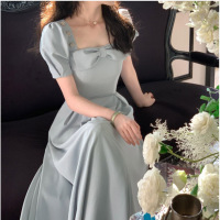 DBMG法式气质方领蝴蝶结连衣裙女夏季风气质收腰显瘦初恋甜美长