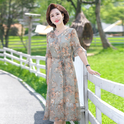 Jusen Shayu时尚女装夏季妈妈装40岁腰带款中年短袖连衣裙中老年