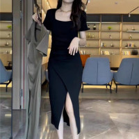 DBMG方领开叉连衣裙2023新款女夏季感气质名媛显瘦裙子