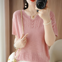 Ceen Bulled新款竹节麻针织短袖圆V领带扣t恤女遮肚子打底衫妈妈