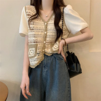 Three Sons夏季新款法式复古镂空V领短袖针织衫小清新短款显瘦别