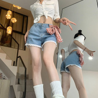 Three Sons实拍软妹腿可爱短裤女高腰蝴蝶结蕾丝花边系裤子显长