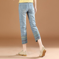 Brookings洗水七分牛仔裤女2023夏装新款民族风印花设计感烟管裤