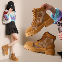 DBMG复古做旧短靴女百搭2023年机车靴网面镂空松糕厚底马丁大黄