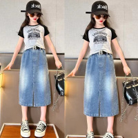 Three Sons女童套装2023夏季新款韩版网红中大童洋气女孩牛仔半身裙两件套潮