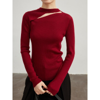 Three Sons别出心裁 48支精纺100羊毛衫设计感锁骨镂空小众针织打底衫女秋冬