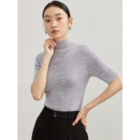 Three Sons早秋织意 岛精无缝一体羊毛衫女扬子纱半高领薄款针织短袖女打底