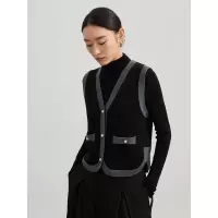 Three Sons进阶叠穿 精纺全羊毛小*香风针织马甲女23秋冬撞色V领背心开衫女