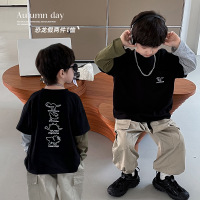 JUSEN SHAYU儿童T恤2023童酷秋季新款韩版帅气宝宝长袖恐龙印花拼袖男童上衣