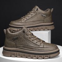 秋季上新英伦风中帮皮面马丁鞋时尚休闲免系带套脚增高皮鞋男鞋