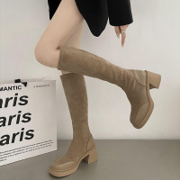 Three Sons法式复古粗跟厚底靴子女长筒靴2023新款不过膝粗腿胖mm显瘦长靴子