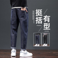 原色牛仔裤男士春秋新款宽松直筒潮牌显高弹力抽绳休闲裤子男秋季