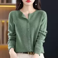 秋冬新款桂花针圆领开衫女式纯色针织衫宽松时尚毛衣外套外贸