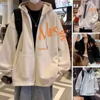 休闲外套男士秋季新款时尚潮流宽松痞帅印花开衫连帽卫衣