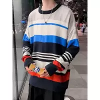 慵懒风扭花撞色条纹针织衫秋季男女情侣宽松时尚潮流上衣