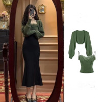 纯欲风吊带背心针织长袖上衣两件套秋冬显瘦开叉鱼尾连衣裙套装女