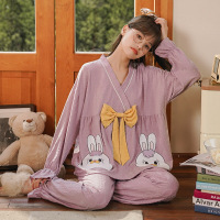 睡衣女春秋季长袖棉质新款大码韩版可爱女式可外穿家居服V领套装