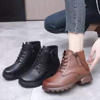 真皮圆头中跟系带侧拉链大码加绒女短靴厚底英伦风马丁靴