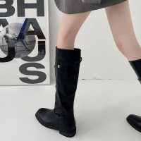 黑色显瘦粗跟厚底靴子女长筒靴2023新款秋冬高筒不过膝大筒围长靴