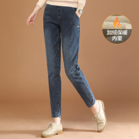 松紧腰加绒加厚牛仔裤女2023冬装新款韩系洗水宽松哈伦裤女PT2171