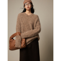 毛茸茸浓密 美拉德氛围感羊驼毛毛衣女慵懒风廓形V领针织衫女上衣