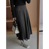 突显腰线 半松紧毛呢面料腰百褶裙女2023秋冬新款中长款半身裙女