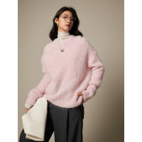 巨仙美 长绒粉色羊驼毛毛衣女2023秋冬流行漂亮宽松针织衫上衣女