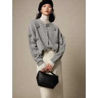 玫瑰钩花 2023新款秋冬慵懒风圆领毛衣外套女100羊毛针织开衫上衣