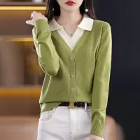 假两件翻领长袖打底针织衫女短款宽松POLO领毛衣上衣洋气韩版毛衫