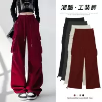 美式复古工装裤女高腰宽松设计感运动阔腿裤子垂感直筒休闲伞兵裤