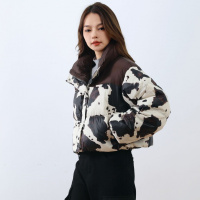 新款短款加厚外套宽松印花冬季设计感复古奶牛羽绒服女
