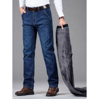 水貂绒牛仔裤柔软男士直筒加绒加厚男裤子中年商务高腰休闲裤男款