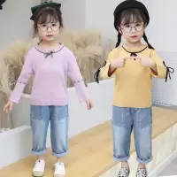 儿童细毛线针织衫2023秋季女童童装两件套毛衣宝宝新款牛仔套头衫