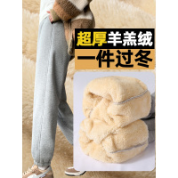 加绒加厚羊羔绒运动裤女秋冬季2023新款灰色学生束脚裤小个子卫裤