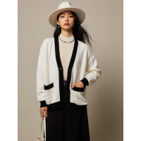 倾心推荐 撞色小香风针织开衫女秋冬季精仿100羊毛V领毛衣外套女